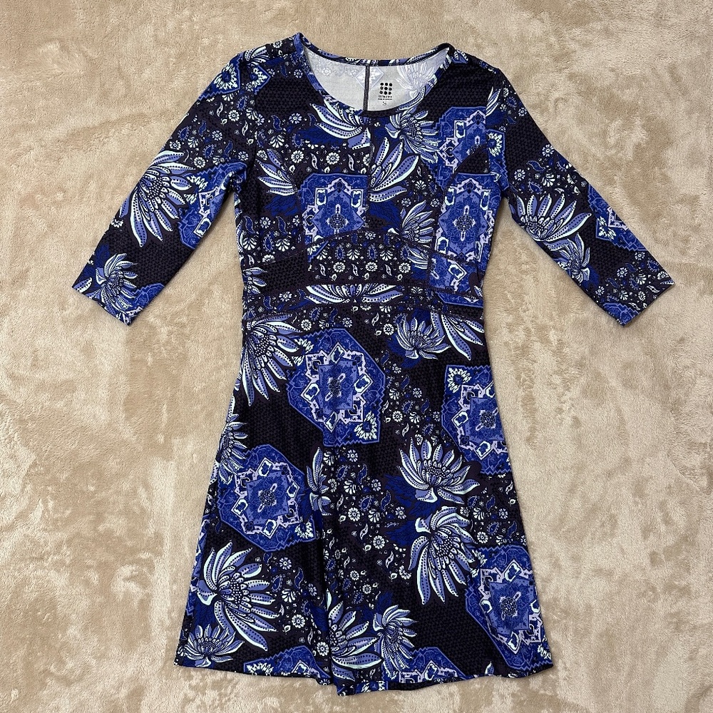 Title Nine Dream Dress Womens Small Blue Floral Fit & Flare 3/4 Sleeve Pockets